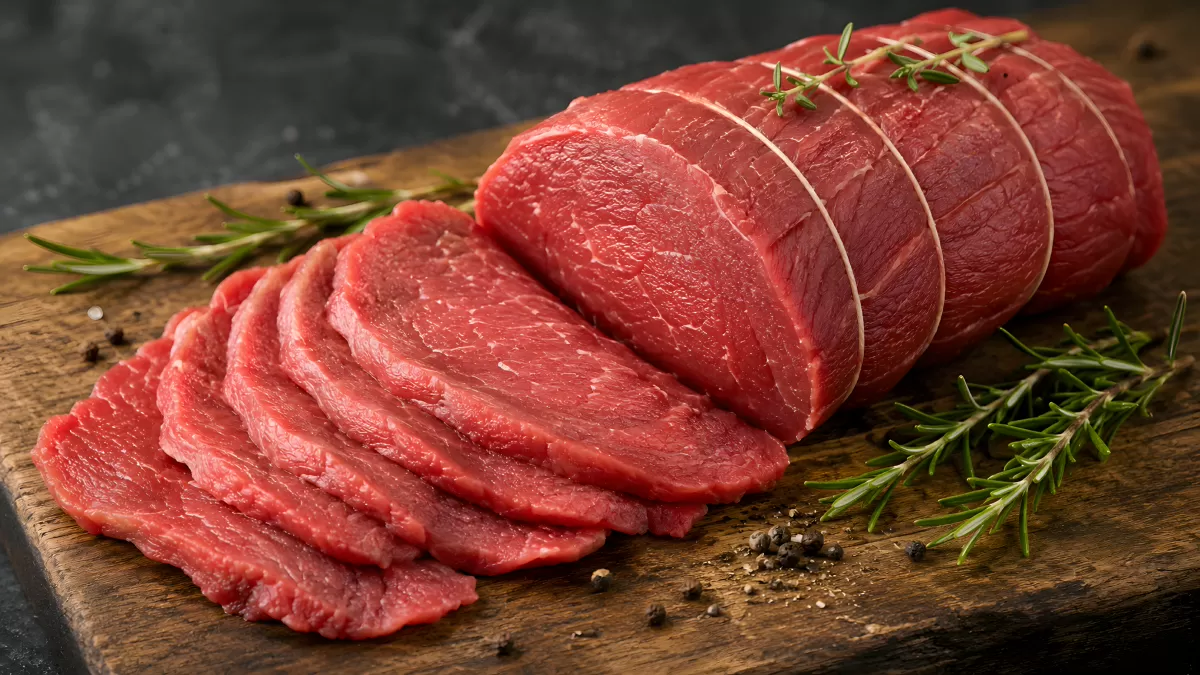 Rohes Rindfleisch aufgeschnitten auf Holzbrett mit Rosmarin