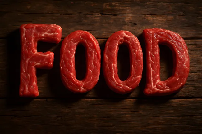 Rohes Rindfleisch in Form des Wortes 'Essen' auf Holztisch