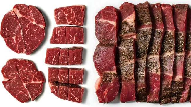 Rohes Rindfleisch in perfekter Anordnung für hochwertige Küche