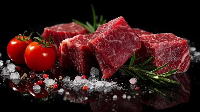 Rohes Rindfleisch mit aromatischen Zutaten auf dunklem Hintergrund