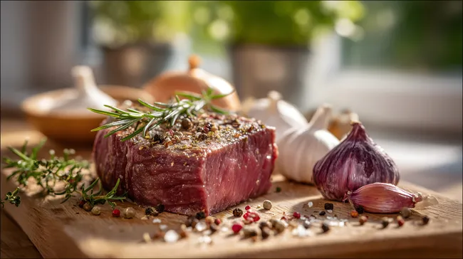 Rohes Rindfleisch mit Gewürzen und Kräutern auf Holzbrett