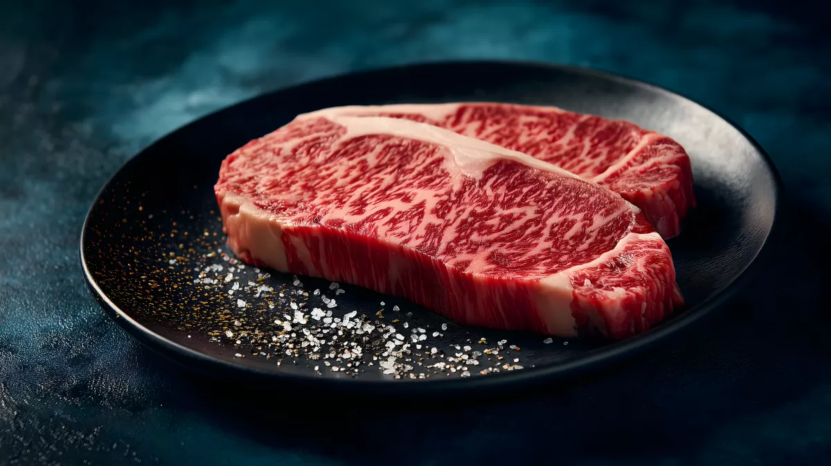 Rohes Rindfleisch-Steak mit Salz auf schwarzem Teller