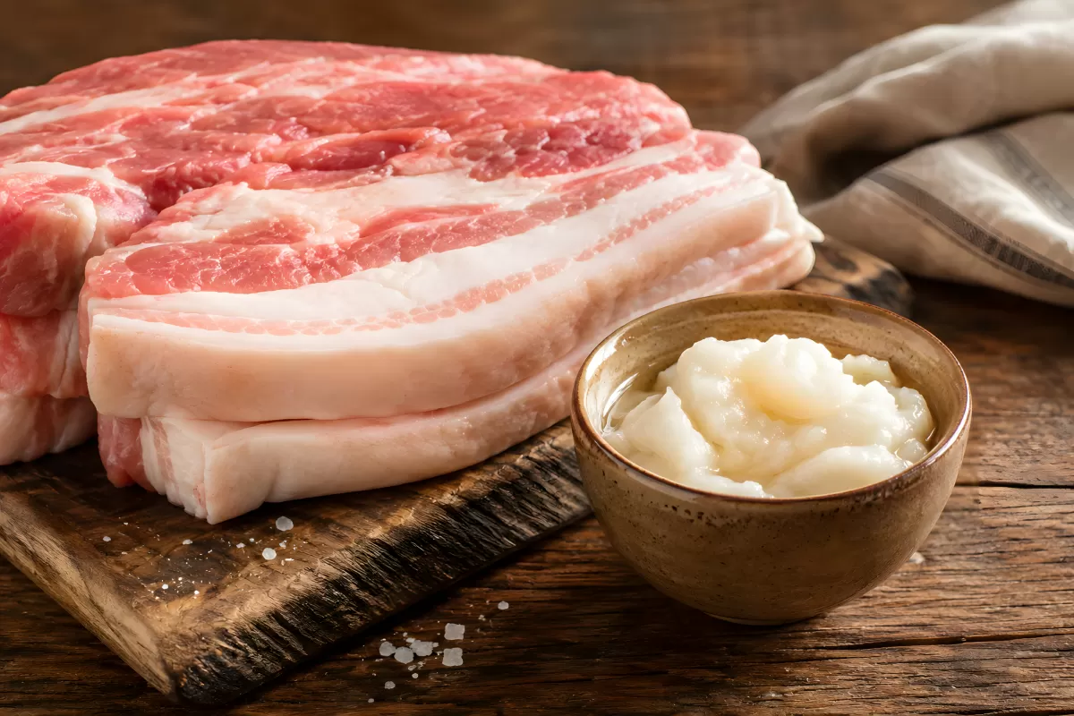 Rohes Schweinebauch-Fleisch mit Schmalz auf Holzbrett