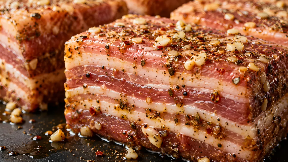 Rohes Schweinebauch-Stück mit Knoblauch und Gewürzen