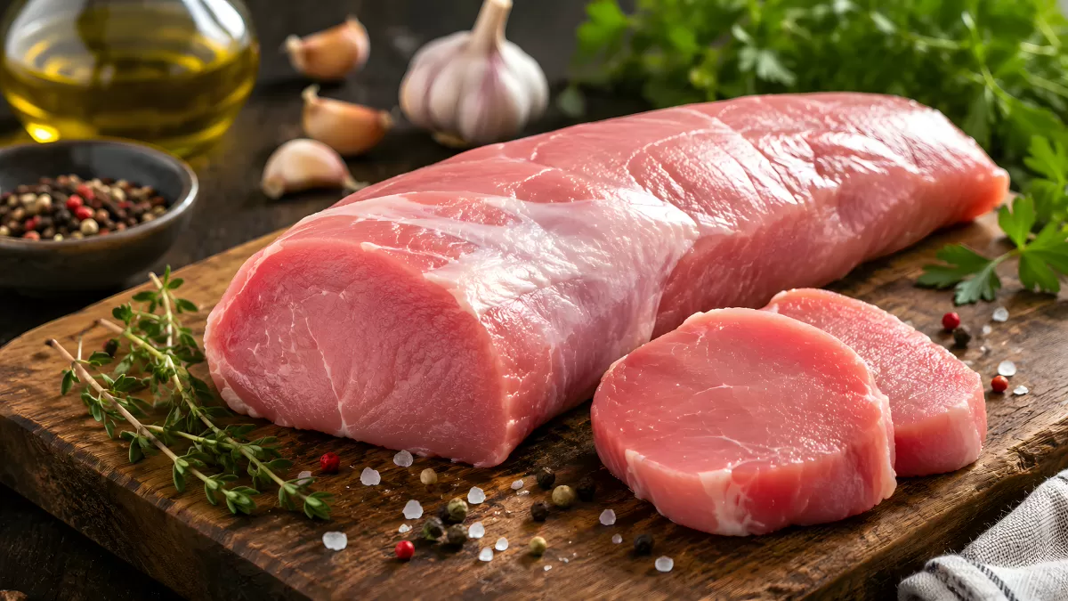 Rohes Schweinefilet auf Holzbrett mit Gewürzen