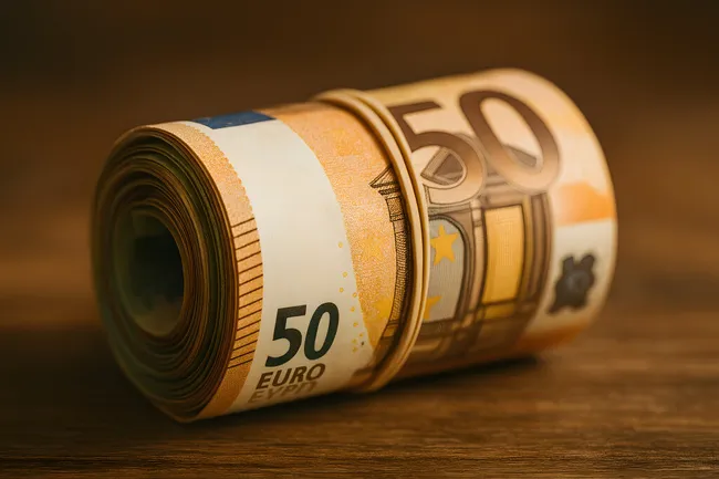 Rolle Euronoten mit Gummiband auf Holztisch