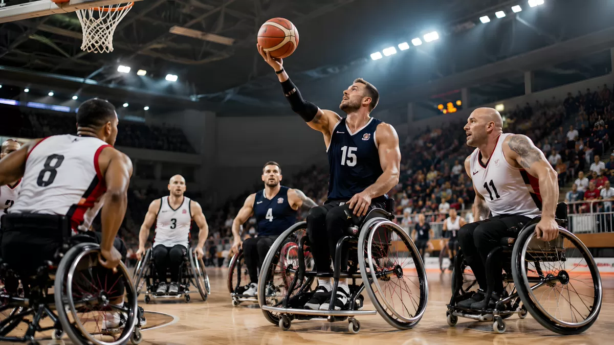 Rollstuhlbasketball-Spiel in voller Aktion vor Publikum