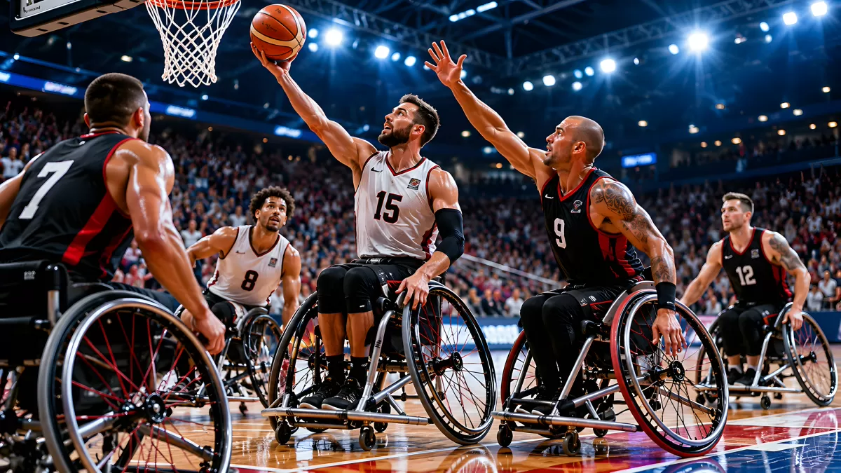 Rollstuhlbasketball-Spieler beim Korbwurf im Stadion