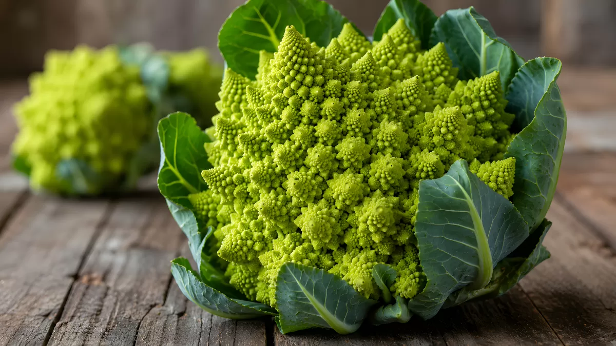 Romanesco-Brokkoli mit fraktaler Struktur auf Holz