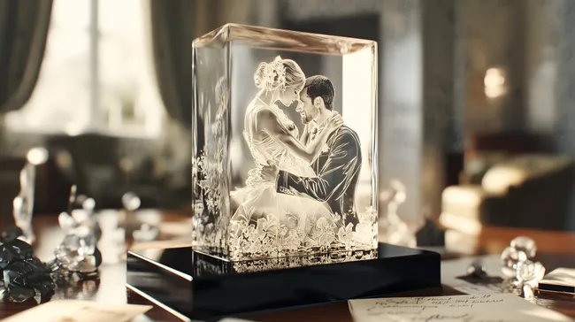 Romantisch beleuchtetes Hochzeitsfoto in Kristallblock
