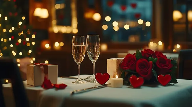 Romantisch dekorierte Valentinstisch mit Wein und Rosen