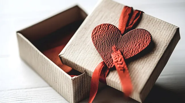 Romantische Geschenkbox mit rotem Herzen auf Holzoberfläche