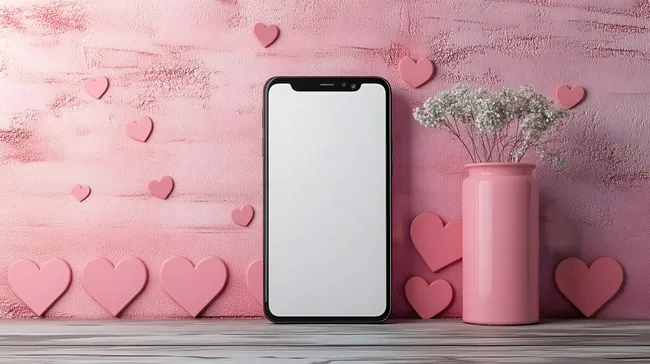 Romantische Handyhülle Mockup vor Herzwand