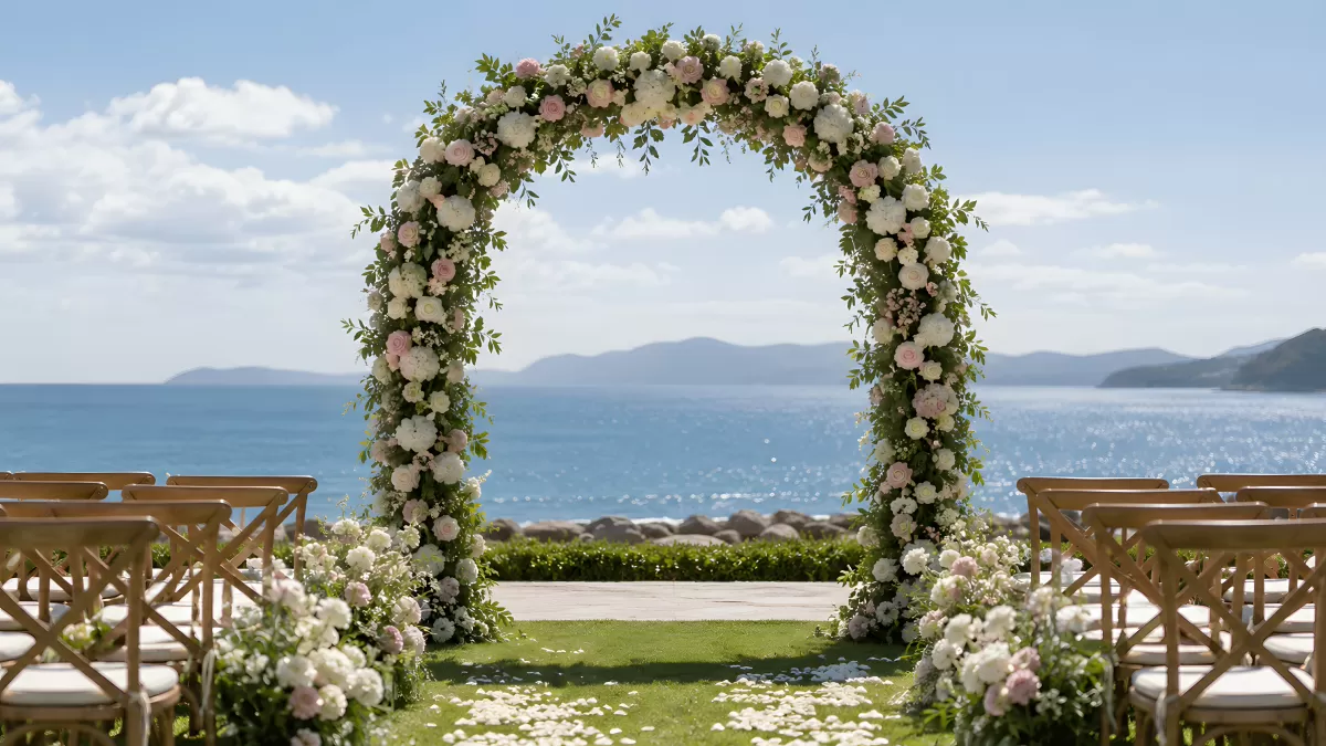 Romantische Hochzeitslaube mit Blumen am Meer