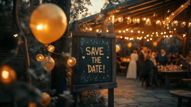 Romantische Outdoor-Party mit Lichterketten und Tafelschild