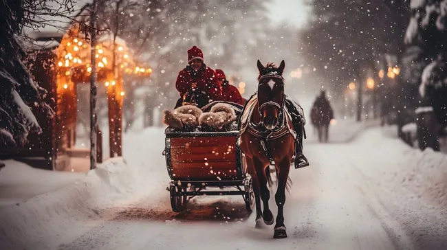 Romantische Pferdeschlittenfahrt im verschneiten Winterwald