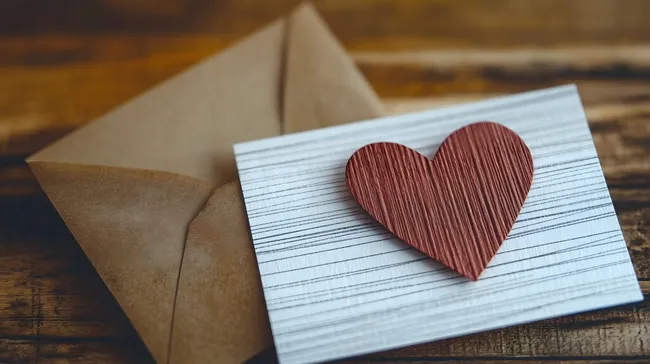 Romantische Postkarte mit Holzherz für Valentinstag