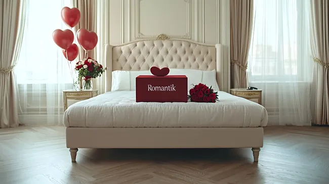 Romantische Schlafzimmerszene mit Herz-Luftballons