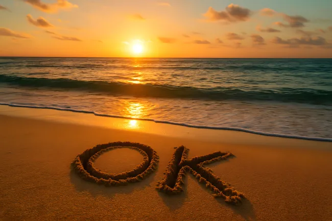 Romantische Strandszene bei orangefarbenem Sonnenuntergang