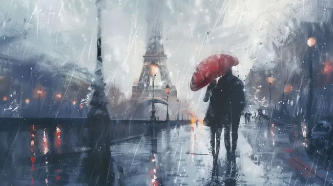 Romantische Szene bei Regen in Paris mit Eiffelturm