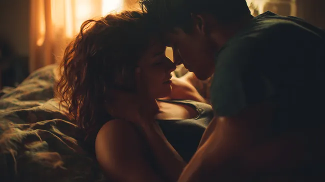 Romantische Umarmung im Sonnenuntergang