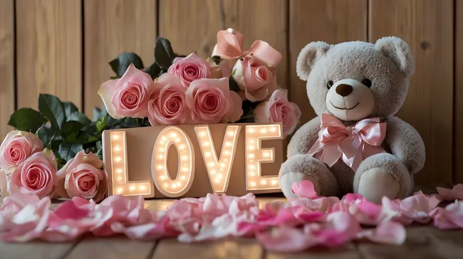 Romantische Valentinstags-Dekoration mit Teddybär und Rosen