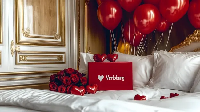 Romantische Verlobungsszene mit roten Rosen und Herzen