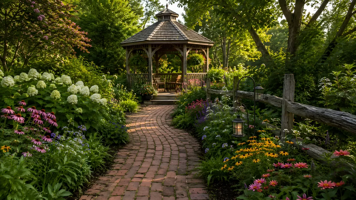 Romantischer Gartenweg mit Pavillon und Sommerblumen