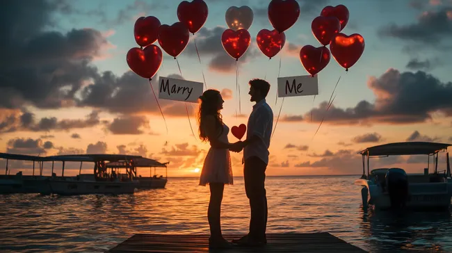 Romantischer Heiratsantrag am Strand bei Sonnenuntergang