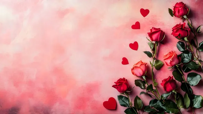 Romantischer Hintergrund mit roten Rosen und Herzen