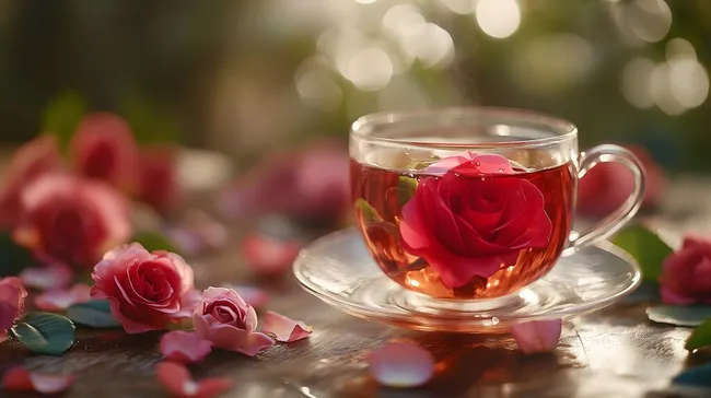 Romantischer Rosenbluetentee mit weicher Atmosphäre