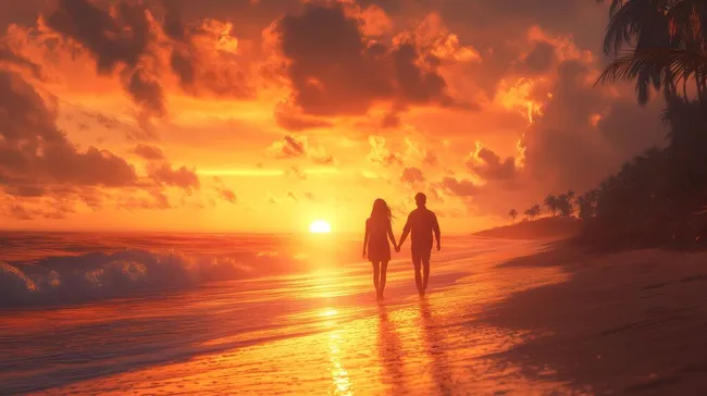 Romantischer Sonnenuntergang mit Paar am Strand