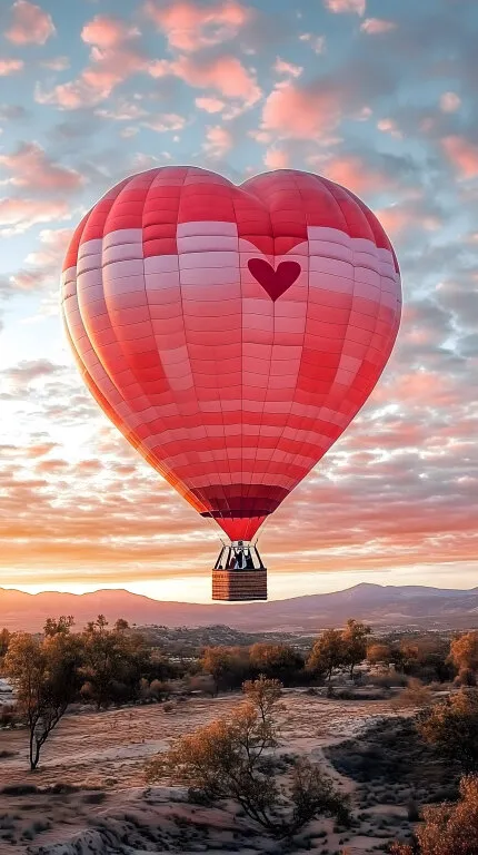 Romantischer Sonnenuntergang über Berglandschaft mit Heißluftballon