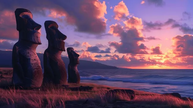 Romantischer Sonnenuntergang über Moai-Statuen auf Osterinsel