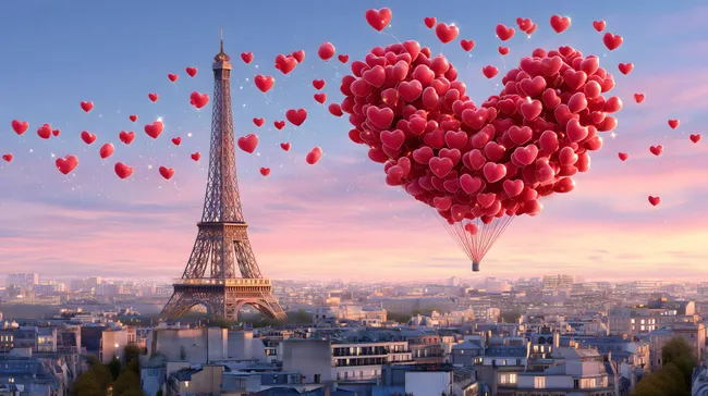 Romantischer Sonnenuntergang über Paris mit Herz-Luftballons