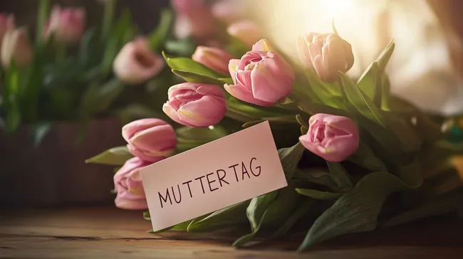 Romantischer Tulpenstrauß mit Muttertagsaufschrift