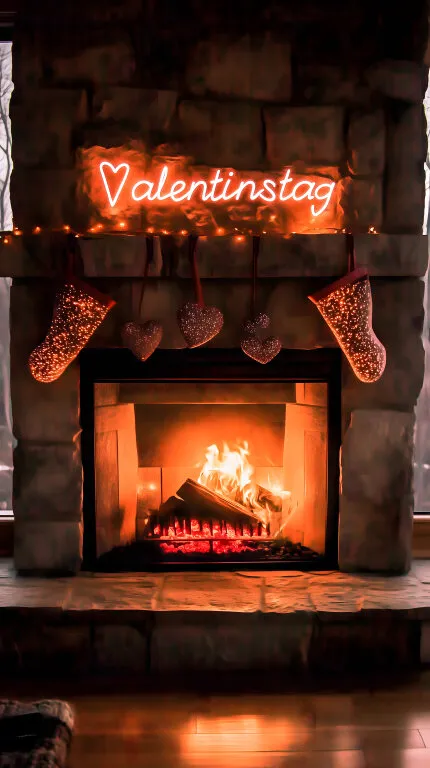 Romantischer Valentinstag-Kamin mit Dekoherzen