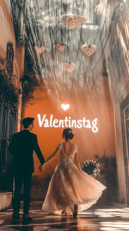 Romantischer Valentinstagsspaziergang unter leuchtenden Herzen