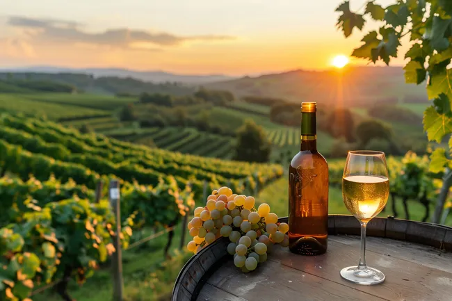 Romantischer Weinbergsonnenuntergang