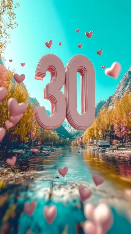 Romantisches 30. Geburtstagsfoto mit Herzen und Fluss