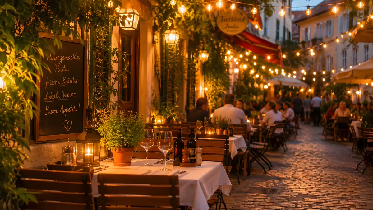 Romantisches Außenrestaurant bei Nacht mit Lichterketten