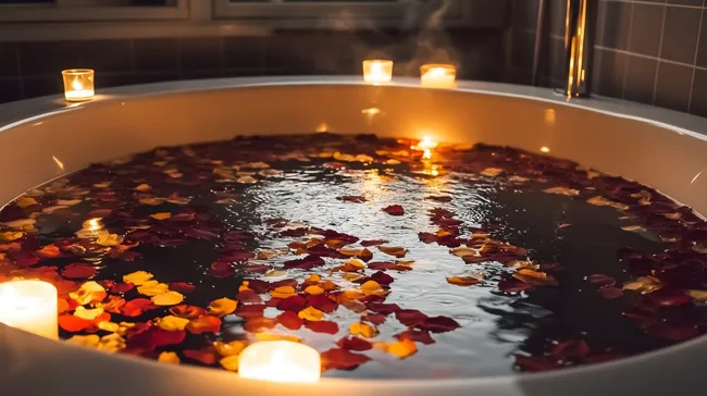 Romantisches Entspannungsbad mit Blütenblättern und Kerzen