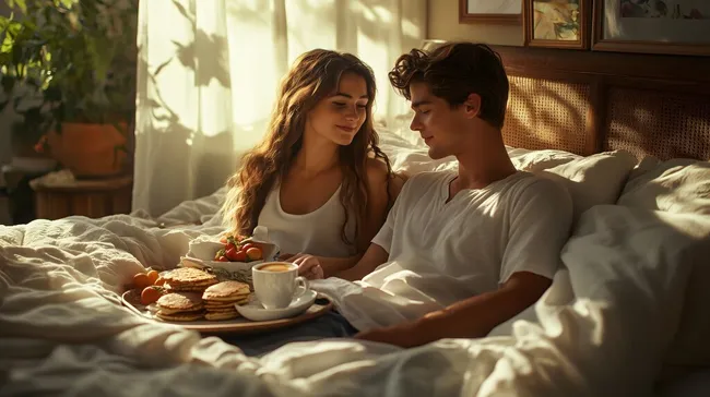 Romantisches Frühstück im Bett für verliebtes Paar