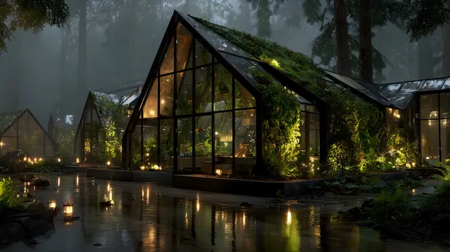 Romantisches Gewächshaus im Waldnebel bei Nacht