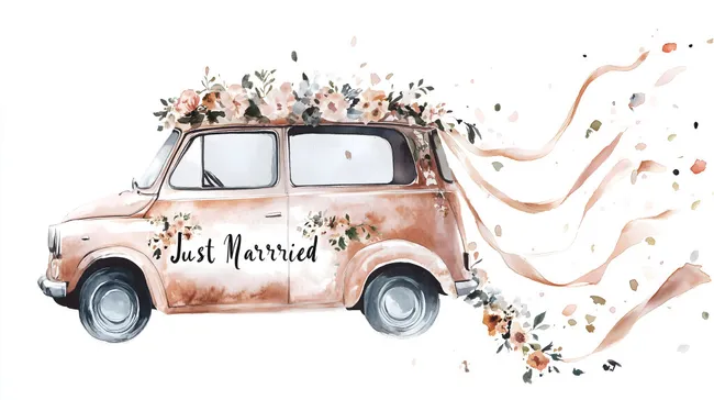 Romantisches Hochzeitsauto mit Blumendekor in zarter Aquarell-Optik