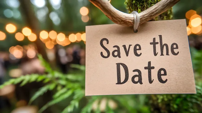 Romantisches Holzschild mit Datum-Einladung im Wald