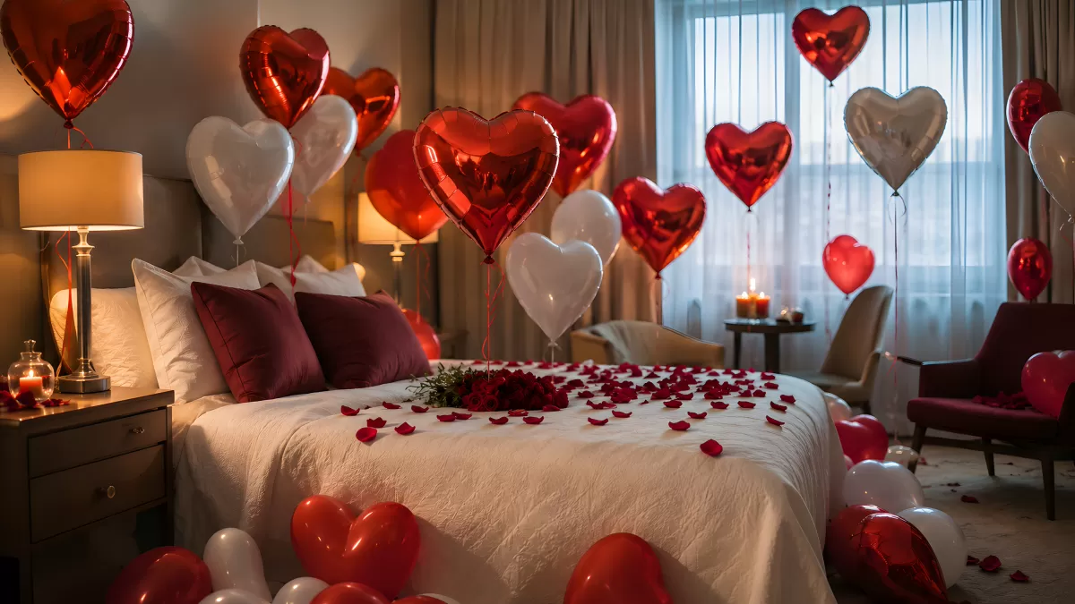 Romantisches Hotelzimmer mit Herzballons und Rosenblättern