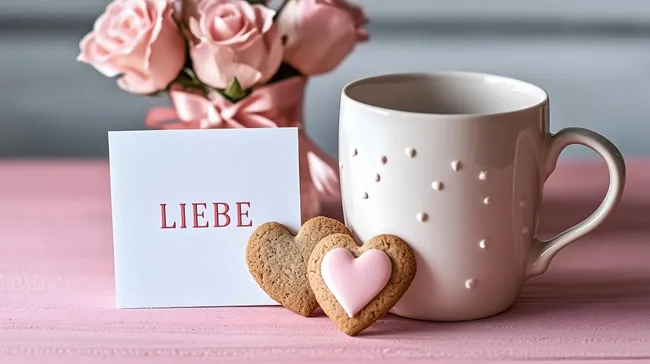 Romantisches Liebesarrangement mit Kaffeekanne und Herzkeksen
