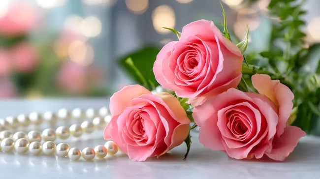 Romantisches Muttertagsmotiv mit rosa Rosen und Perlen