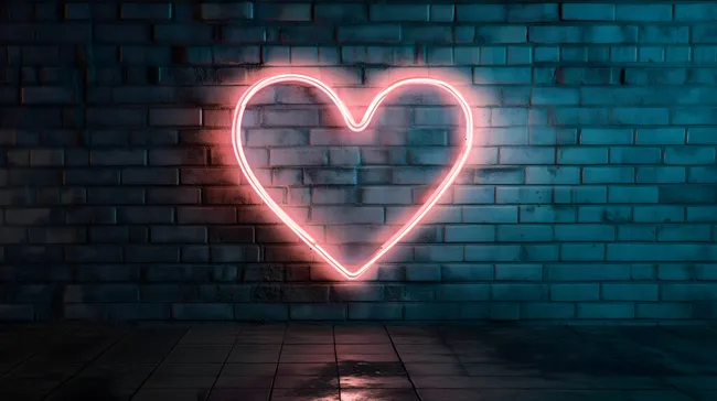 Romantisches Neon-Herz an Backsteinwand